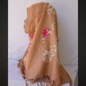 Golden Tan Embroidered Scarves Paisley Hijab 26 x 70 Shawl Shoulder Wrap
